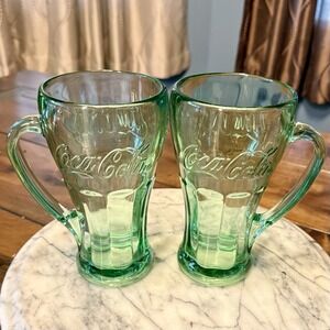 2pc VTG Heavy Coca Cola Coke Green Glass Libbey Handle Mugs 20oz Mug Glasses